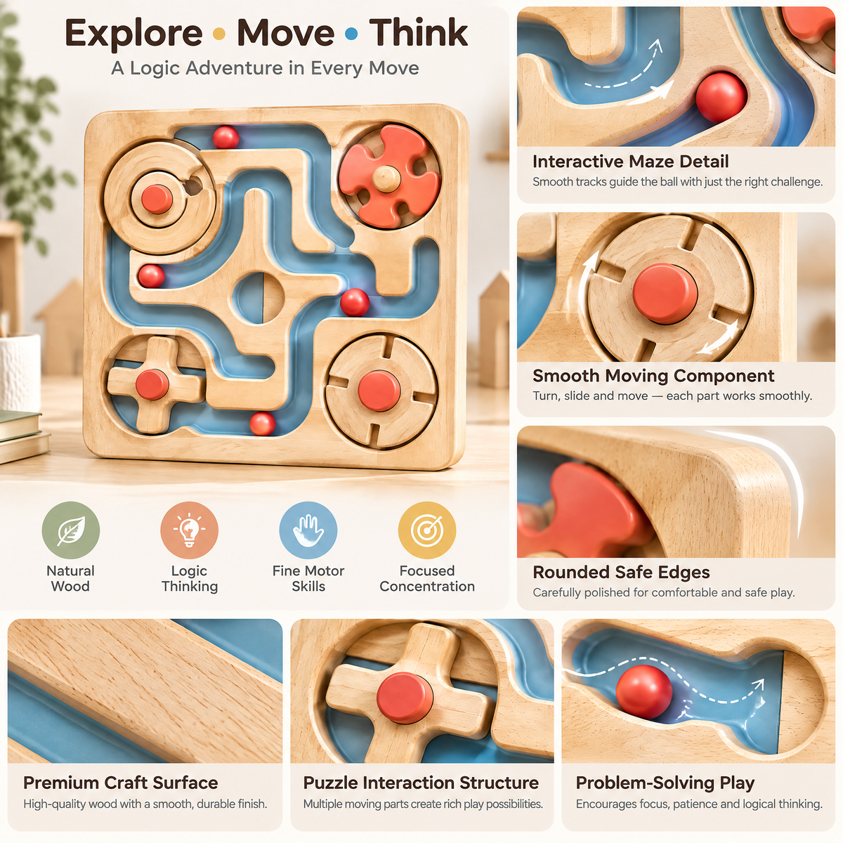Merelvont™ Wooden Ball Maze & Gear Activity Board